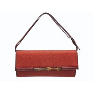 Gucci GG Red Canvas Bamboo Bag Shoulder Wine Handbag